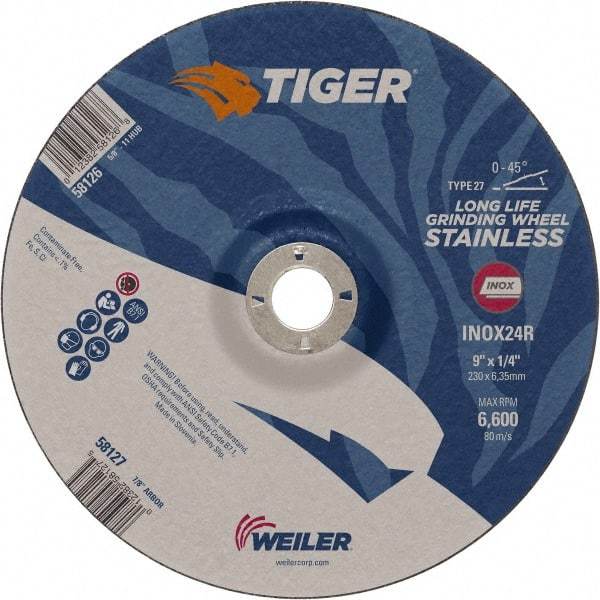 Weiler - 24 Grit, 9" Wheel Diam, 7/8" Arbor Hole, Type 27 Depressed Center Wheel - Medium Grade, Aluminum Oxide, R Hardness, 6,600 Max RPM - Exact Tool & Supply
