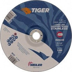 Weiler - 24 Grit, 9" Wheel Diam, 7/8" Arbor Hole, Type 27 Depressed Center Wheel - Medium Grade, Aluminum Oxide, R Hardness, 6,600 Max RPM - Exact Tool & Supply