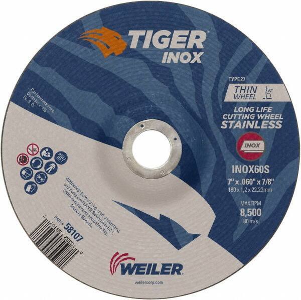Weiler - 60 Grit, 7" Wheel Diam, 7/8" Arbor Hole, Type 27 Depressed Center Wheel - Medium Grade, Aluminum Oxide, S Hardness, 8,500 Max RPM - Exact Tool & Supply