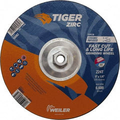 Weiler - 24 Grit, 9" Wheel Diam, Type 28 Depressed Center Wheel - Hard Grade, Zirconia Alumina, T Hardness, 6,600 Max RPM - Exact Tool & Supply
