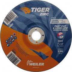 Weiler - 24 Grit, 7" Wheel Diam, 7/8" Arbor Hole, Type 28 Depressed Center Wheel - Hard Grade, Zirconia Alumina, T Hardness, 8,500 Max RPM - Exact Tool & Supply