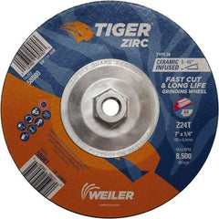 Weiler - 24 Grit, 7" Wheel Diam, Type 28 Depressed Center Wheel - Hard Grade, Zirconia Alumina, T Hardness, 8,500 Max RPM - Exact Tool & Supply