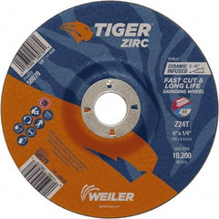 Weiler - 24 Grit, 6" Wheel Diam, 7/8" Arbor Hole, Type 27 Depressed Center Wheel - Hard Grade, Zirconia Alumina, T Hardness, 10,200 Max RPM - Exact Tool & Supply