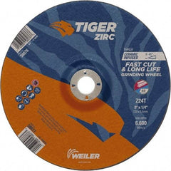 Weiler - 24 Grit, 9" Wheel Diam, 7/8" Arbor Hole, Type 27 Depressed Center Wheel - Hard Grade, Zirconia Alumina, T Hardness, 6,600 Max RPM - Exact Tool & Supply