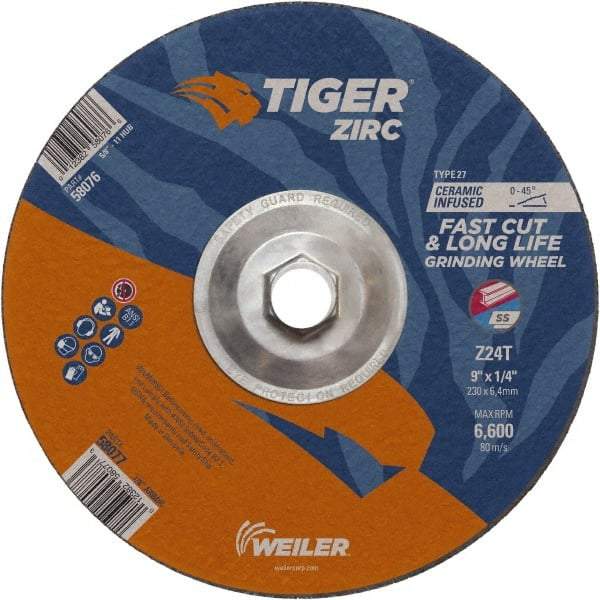Weiler - 24 Grit, 9" Wheel Diam, Type 27 Depressed Center Wheel - Hard Grade, Zirconia Alumina, T Hardness, 6,600 Max RPM - Exact Tool & Supply