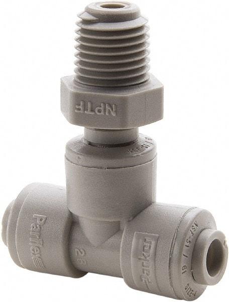 Parker - 5/16" Outside Diam, 1/8 NPTF, Acetal Push-to-Connect Tube Male Swivel Branch Tee - 300 Max psi, Gray - Exact Tool & Supply