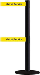 Tensator - 38" High, 2-1/2" Pole Diam, Barricade Tape Dispenser - 14" Base Diam, Round Plastic Base, Black Steel Post, 7-1/2' x 1-7/8" Tape, Dual Line Tape, For Outdoor Use - Exact Tool & Supply