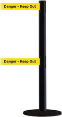 Tensator - 38" High, 2-1/2" Pole Diam, Barricade Tape Dispenser - 14" Base Diam, Round Plastic Base, Black Steel Post, 7-1/2' x 1-7/8" Tape, Dual Line Tape, For Outdoor Use - Exact Tool & Supply