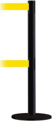 Tensator - 38" High, 2-1/2" Pole Diam, Barricade Tape Dispenser - 14" Base Diam, Round Plastic Base, Black Steel Post, 7-1/2' x 1-7/8" Tape, Dual Line Tape, For Outdoor Use - Exact Tool & Supply