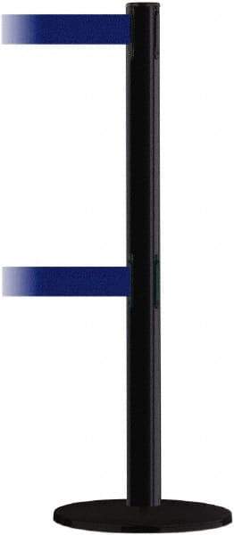Tensator - 38" High, 2-1/2" Pole Diam, Barricade Tape Dispenser - 14" Base Diam, Round Plastic Base, Black Steel Post, 7-1/2' x 1-7/8" Tape, Dual Line Tape, For Outdoor Use - Exact Tool & Supply