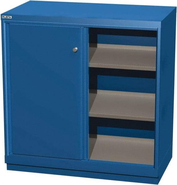 LISTA - 3 Shelf Sliding Door Storage Cabinet - Steel, 40-1/4" Wide x 22-1/2" Deep x 41-3/4" High, Blue - Exact Tool & Supply