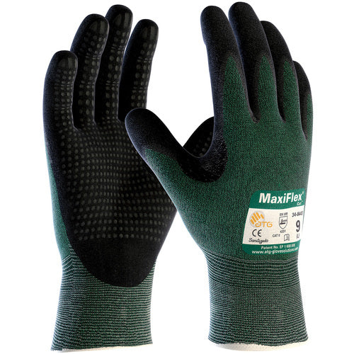 ‎34-8443/XL Cut Resistant Glove - MaxiFlex Cut - Green Eng Yarn - Black Nitrile Dotted MicroFoam Grip - A2 - Exact Tool & Supply