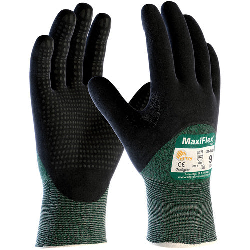 ‎34-8453/S Gloves for Cut Protection - MaxiFlex Cut - Green Eng Yarn - Black 3/4 MicroFoam Nitrile Dot Grip - A2 - Exact Tool & Supply