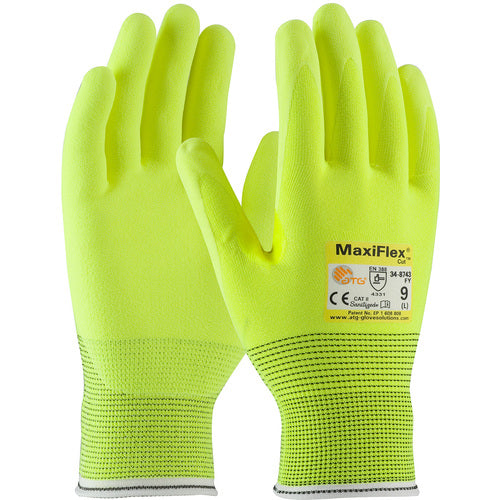 ‎34-8743FY/S Cut Resistant Gloves - MaxiFlex Cut - HiVis Yellow Eng Yarn Shell & Nitrile MicroFoam Grip - A2 - Exact Tool & Supply