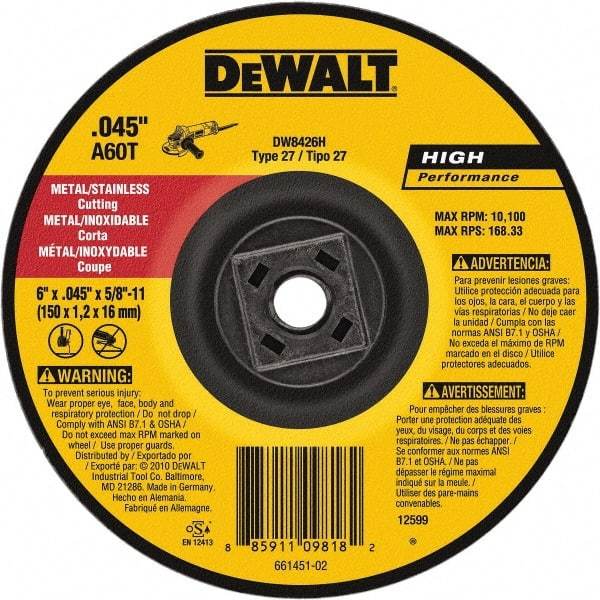 DeWALT - 60 Grit, 6" Wheel Diam, Type 27 Depressed Center Wheel - Aluminum Oxide, Resinoid Bond, 10,100 Max RPM - Exact Tool & Supply