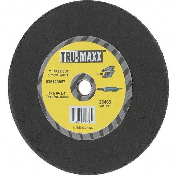 Tru-Maxx - 3" 36 Grit Aluminum Oxide Cutoff Wheel - 1/16" Thick, 1/4" Arbor, Use with Die Grinders - Exact Tool & Supply