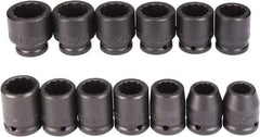 Proto - 13 Piece 3/4" Drive Black Finish Impact Socket Set - 12 Points, 3/4" to 1-1/2" Range, Inch Measurement Standard - Exact Tool & Supply