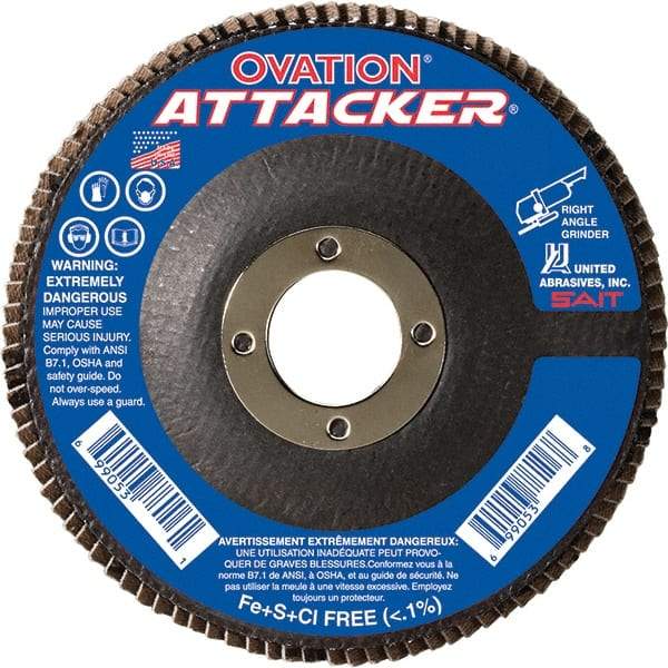 Sait - 120 Grit, 5" Disc Diam, 7/8" Center Hole, Type 27 Zirconia Alumina Flap Disc - 12,200 Max RPM, Fiberglass Backing, Arbor Attaching System, Coated - Exact Tool & Supply