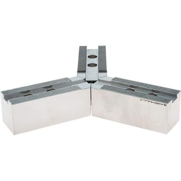 Samchully - 254mm Max Chuck Capacity, 1.5mm x 60° Serrated Interface, Round Soft Lathe Chuck Jaw - 3 Jaw, Steel, 30mm Btw Mount Hole Ctrs, 110mm Long, 40mm Wide, 42mm High, 16mm Groove, M12mm Fastener - Exact Tool & Supply