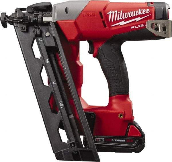 Milwaukee Tool - Cordless Finish Nailer Kit - 16 Gauge Nail Diam, 1-1/4 to 2-1/2" Long Nail, Lithium-Ion Batteries Included - Exact Tool & Supply