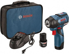 Bosch - 3/8" Drive 12 Volt Pistol Grip Cordless Impact Wrench & Ratchet - 1,200/2,600 RPM, 0 to 3,100 BPM, 85 Ft/Lb Torque, 2 Lithium-Ion Batteries Included - Exact Tool & Supply
