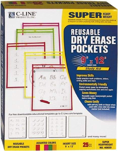 C-LINE - 25 Piece Assorted Colors Neon Colors Storage Pockets - 12" High x 9" Wide - Exact Tool & Supply