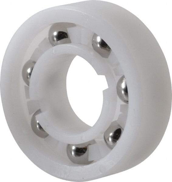Made in USA - 5/8" Bore Diam, 1-3/8" OD, Open Plastic Race Radial Ball Bearing - 7/16" Wide, 1 Row, Round Bore, 46 Lb Static Capacity, 69 Lb Dynamic Capacity - Exact Tool & Supply