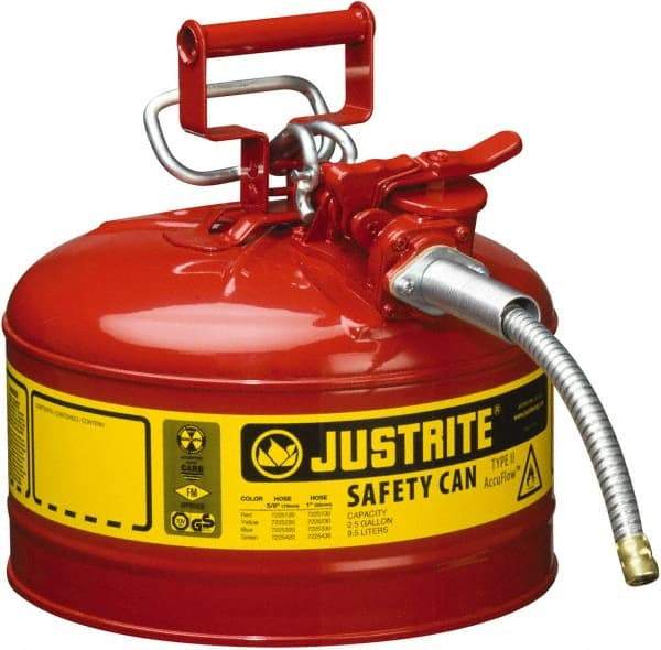 Justrite - 2.5 Gal Galvanized Steel Type II Safety Can - 12" High x 11-3/4" Diam, Red with Yellow - Exact Tool & Supply