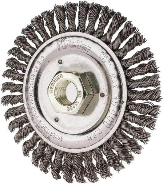 Weiler - 4-1/2" OD, 5/8" Arbor Hole, Knotted Steel Wheel Brush - 3/16" Face Width, 7/8" Trim Length, 0.02" Filament Diam, 12,500 RPM - Exact Tool & Supply