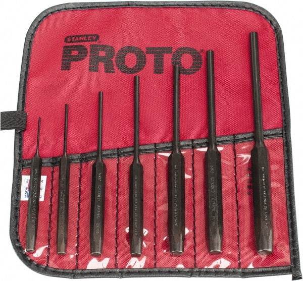 Proto - 7 Piece, 1/16 to 1/4", Pin Punch Set - Hex Shank, Steel, Comes in Tool Roll - Exact Tool & Supply