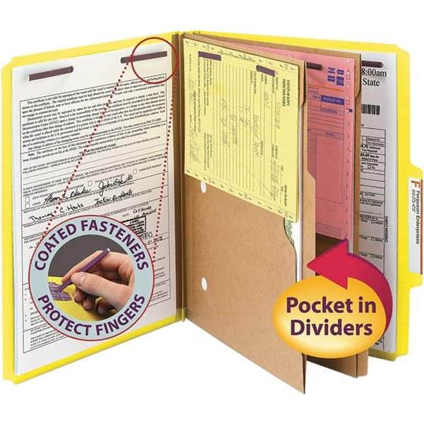 SMEAD - 11-5/8 x 9-1/2", Letter Size, Yellow, Classification Folders with Top Tab Fastener - 23 Point Stock, Right of Center Tab Cut Location - Exact Tool & Supply