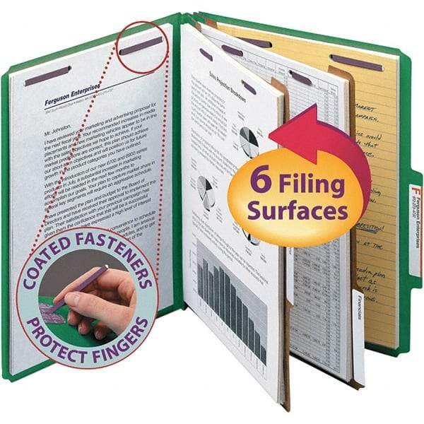 SMEAD - 11-5/8 x 9-1/2", Letter Size, Green, Classification Folders with Top Tab Fastener - 23 Point Stock, Right of Center Tab Cut Location - Exact Tool & Supply