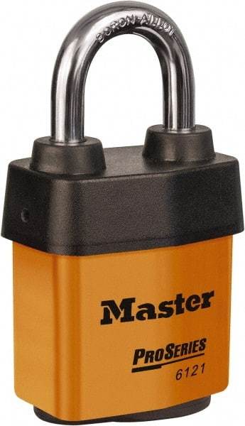 Master Lock - 1-1/8" Shackle Clearance, Keyed Different Padlock - 5/16" Shackle Diam, Laminated Steel - Exact Tool & Supply