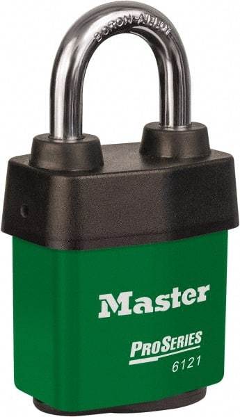 Master Lock - 1-1/8" Shackle Clearance, Keyed Different Padlock - 5/16" Shackle Diam, Laminated Steel - Exact Tool & Supply