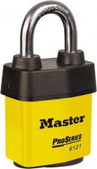 Master Lock - 1-1/8" Shackle Clearance, Keyed Different Padlock - 5/16" Shackle Diam, Laminated Steel - Exact Tool & Supply
