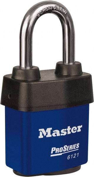 Master Lock - 1-1/2" Shackle Clearance, Keyed Different Padlock - 5/16" Shackle Diam, Laminated Steel - Exact Tool & Supply
