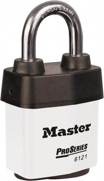 Master Lock - 1-1/8" Shackle Clearance, Keyed Different Padlock - 5/16" Shackle Diam, Laminated Steel - Exact Tool & Supply