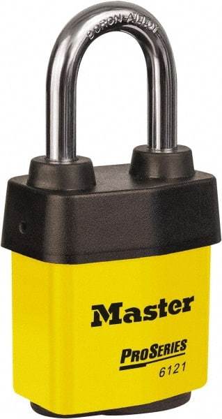 Master Lock - 1-1/2" Shackle Clearance, Keyed Different Padlock - 5/16" Shackle Diam, Laminated Steel - Exact Tool & Supply