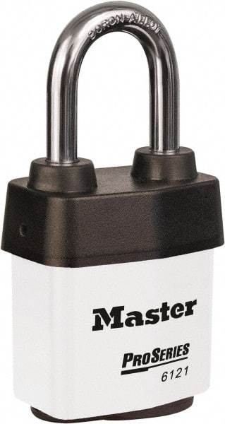 Master Lock - 1-1/2" Shackle Clearance, Keyed Different Padlock - 5/16" Shackle Diam, Laminated Steel - Exact Tool & Supply