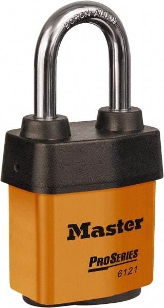 Master Lock - 1-1/2" Shackle Clearance, Keyed Different Padlock - 5/16" Shackle Diam, Laminated Steel - Exact Tool & Supply