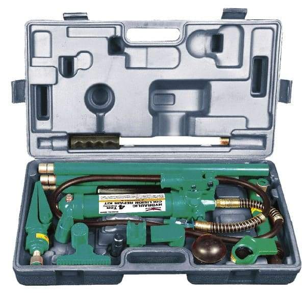 Safeguard - 18 Piece Automotive Collision Repair Kit - Extention Tubes, Base, Wedge Head, V-Base, Adapters, Serrated Saddle, Rubber Head, Pump, 1/2 Ton Spreader, Ram, Hose - Exact Tool & Supply