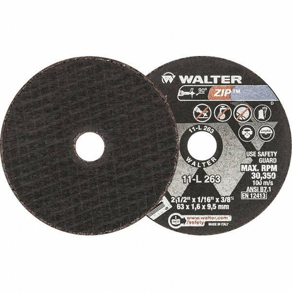 WALTER Surface Technologies - 2-1/2" 24 Grit Aluminum Oxide Cutoff Wheel - 1/16" Thick, 3/8" Arbor, 30,350 Max RPM, Use with Die Grinders - Exact Tool & Supply