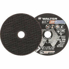 WALTER Surface Technologies - 2-1/2" 24 Grit Aluminum Oxide Cutoff Wheel - 1/16" Thick, 3/8" Arbor, 30,350 Max RPM, Use with Die Grinders - Exact Tool & Supply