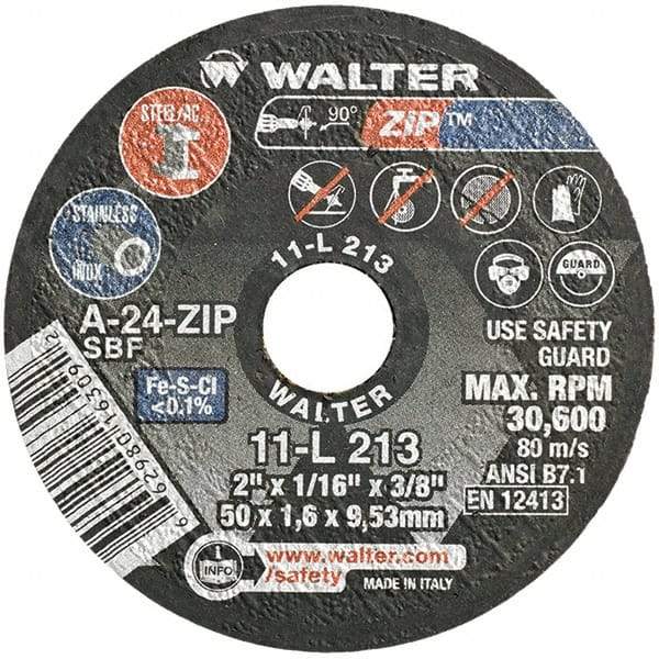 WALTER Surface Technologies - 2" 24 Grit Aluminum Oxide Cutoff Wheel - 1/16" Thick, 3/8" Arbor, 30,600 Max RPM, Use with Die Grinders - Exact Tool & Supply
