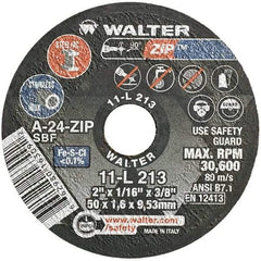 WALTER Surface Technologies - 2" 24 Grit Aluminum Oxide Cutoff Wheel - 1/16" Thick, 3/8" Arbor, 30,600 Max RPM, Use with Die Grinders - Exact Tool & Supply