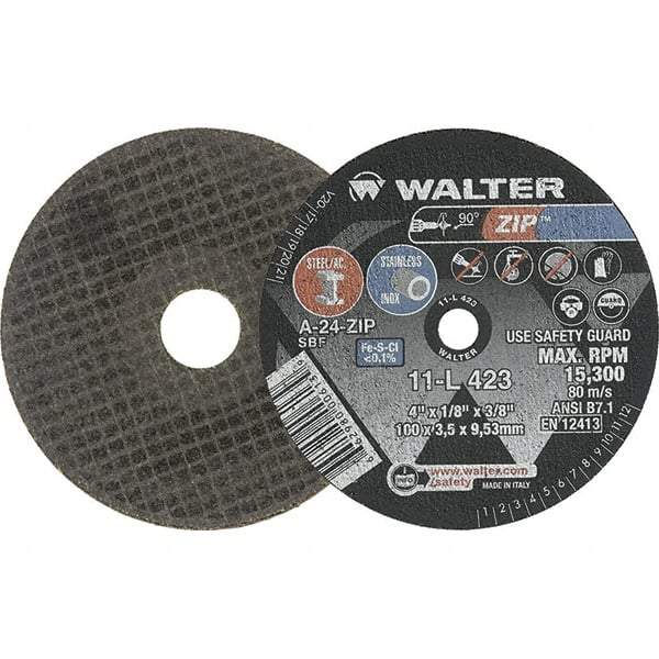 WALTER Surface Technologies - 4" 24 Grit Aluminum Oxide Cutoff Wheel - 1/8" Thick, 3/8" Arbor, 15,300 Max RPM, Use with Die Grinders - Exact Tool & Supply