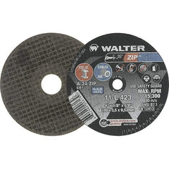 WALTER Surface Technologies - 4" 24 Grit Aluminum Oxide Cutoff Wheel - 1/8" Thick, 3/8" Arbor, 15,300 Max RPM, Use with Die Grinders - Exact Tool & Supply