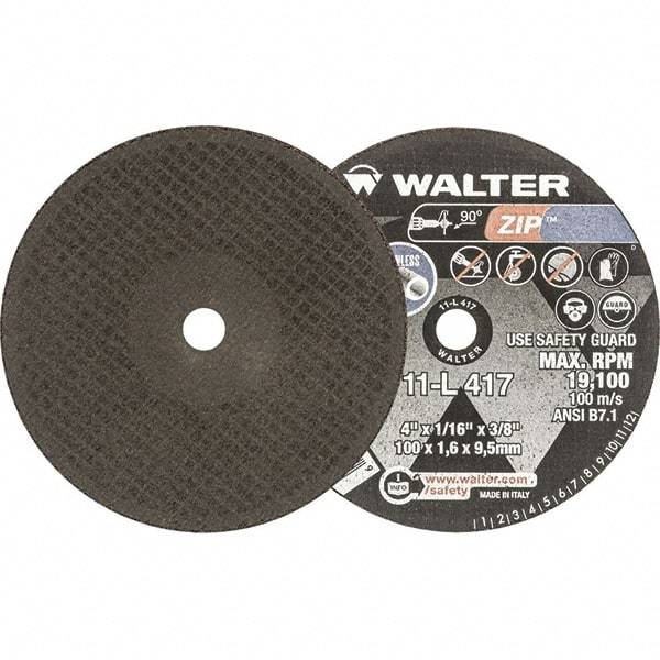 WALTER Surface Technologies - 4" 60 Grit Aluminum Oxide Cutoff Wheel - 1/16" Thick, 3/8" Arbor, 19,100 Max RPM, Use with Die Grinders - Exact Tool & Supply