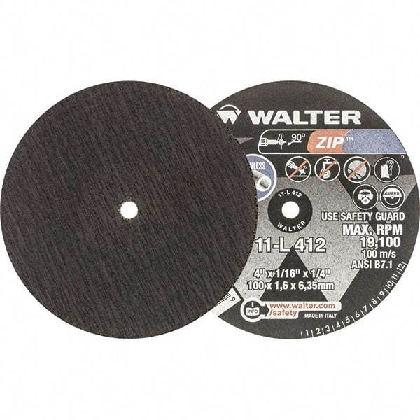 WALTER Surface Technologies - 4" 24 Grit Aluminum Oxide Cutoff Wheel - 1/16" Thick, 1/4" Arbor, 19,100 Max RPM, Use with Die Grinders - Exact Tool & Supply