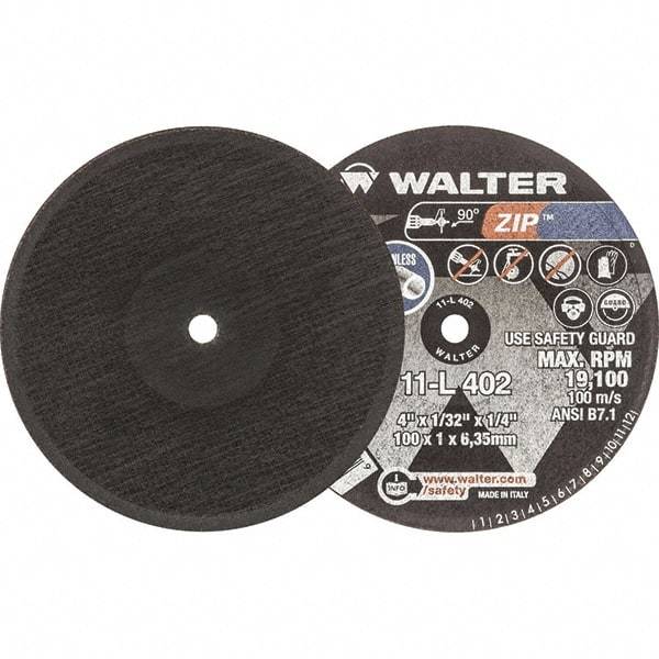 WALTER Surface Technologies - 4" 60 Grit Aluminum Oxide Cutoff Wheel - 1/32" Thick, 1/4" Arbor, 19,100 Max RPM, Use with Die Grinders - Exact Tool & Supply